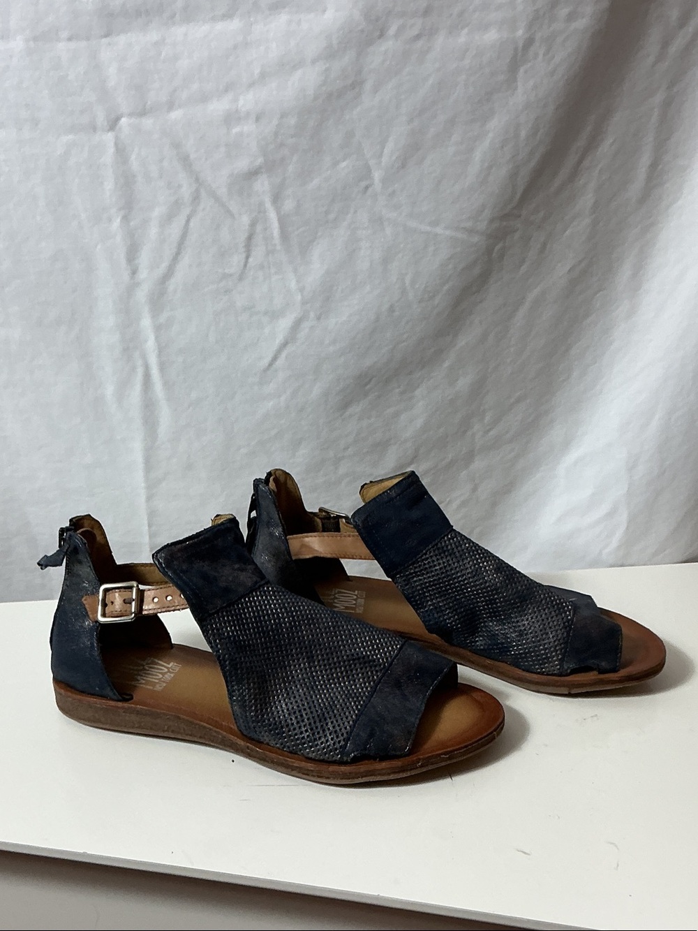 Miz Mooz Navy Fiona Peep-Toe Leather Sandals